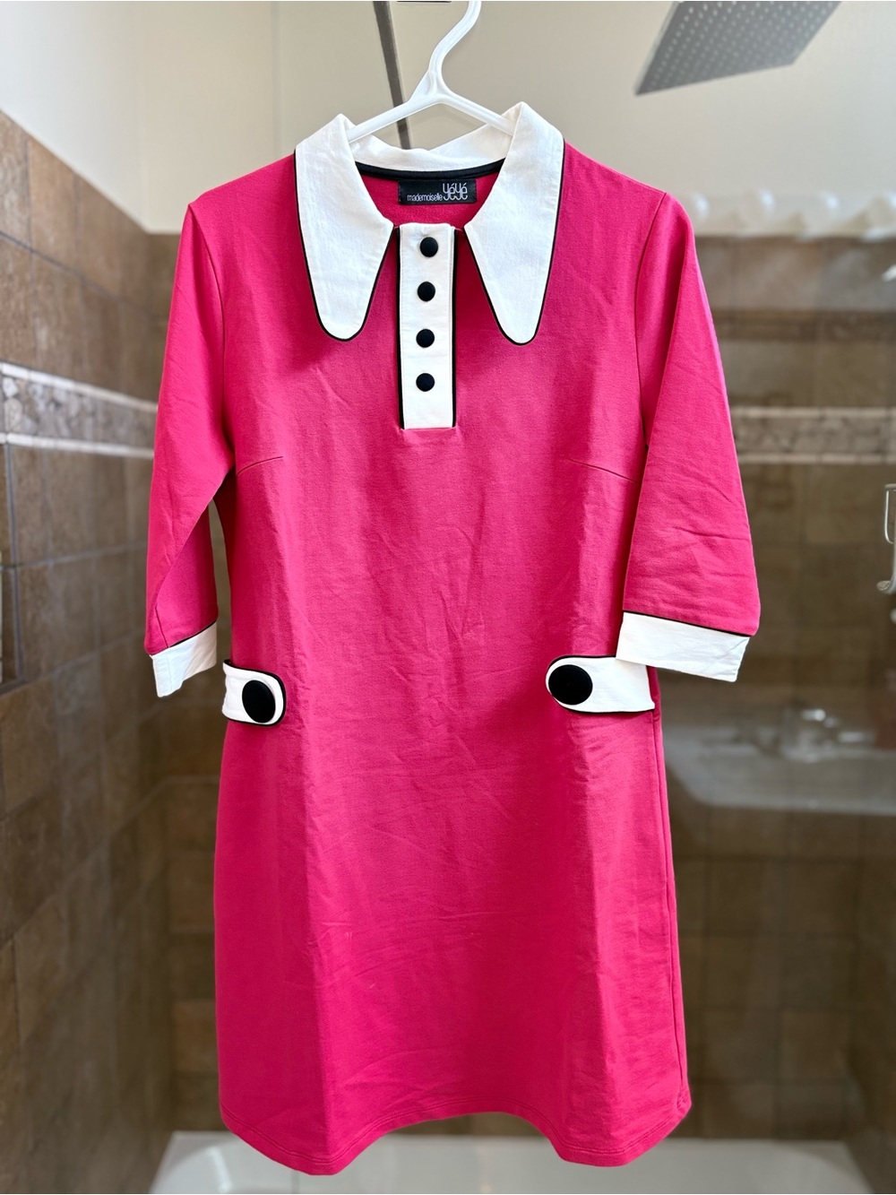 Women's Hot Pink Contrast-Collar Formal Dress with White Trim